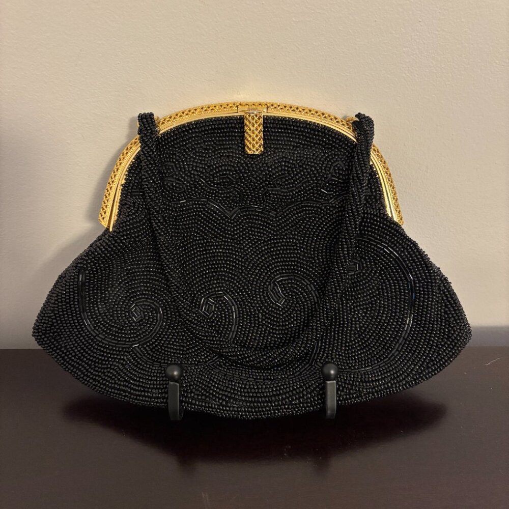 Black Beaded Gold Metal Evening Mini Bag